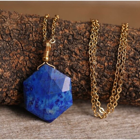 NWT Lapis Lazuli Hexagon Pendant Necklace 14K Gold Plated Genuine 18” - Picture 6 of 11